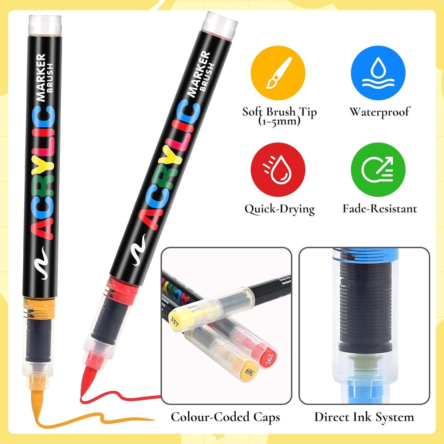120 Colors Acrylic Paint Markers, Soft Brush Tip Pens with Direct Ink System for Rock, Wood, Fabric, Canvas, Glass, Waterproof Paint Pens for DIY Crafts, Kids & Artists