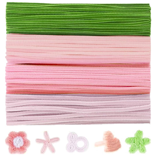 400 Pcs Pipe Cleaners Craft Kit and Craft Supplies Set, 4 Colors Chenille Stems Craft Kits. Includes Floral Tape, Wire, Stems and More, DIY Arts and Crafts Supplies for Flower Making (Pink)