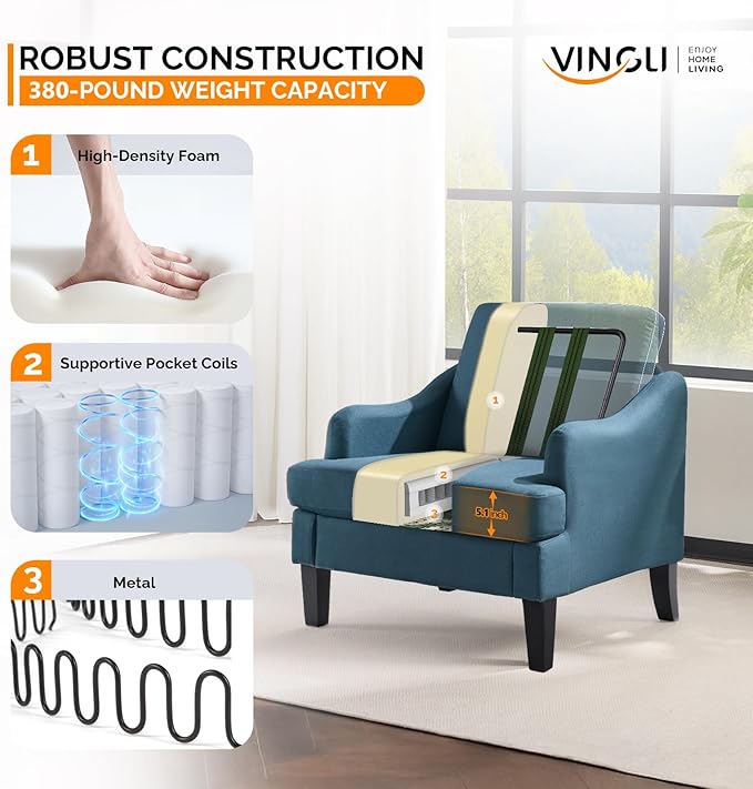 VINGLI Linen Fabric Accent Chair Navy Blue, Modern Upholstered Armchair - Image 4