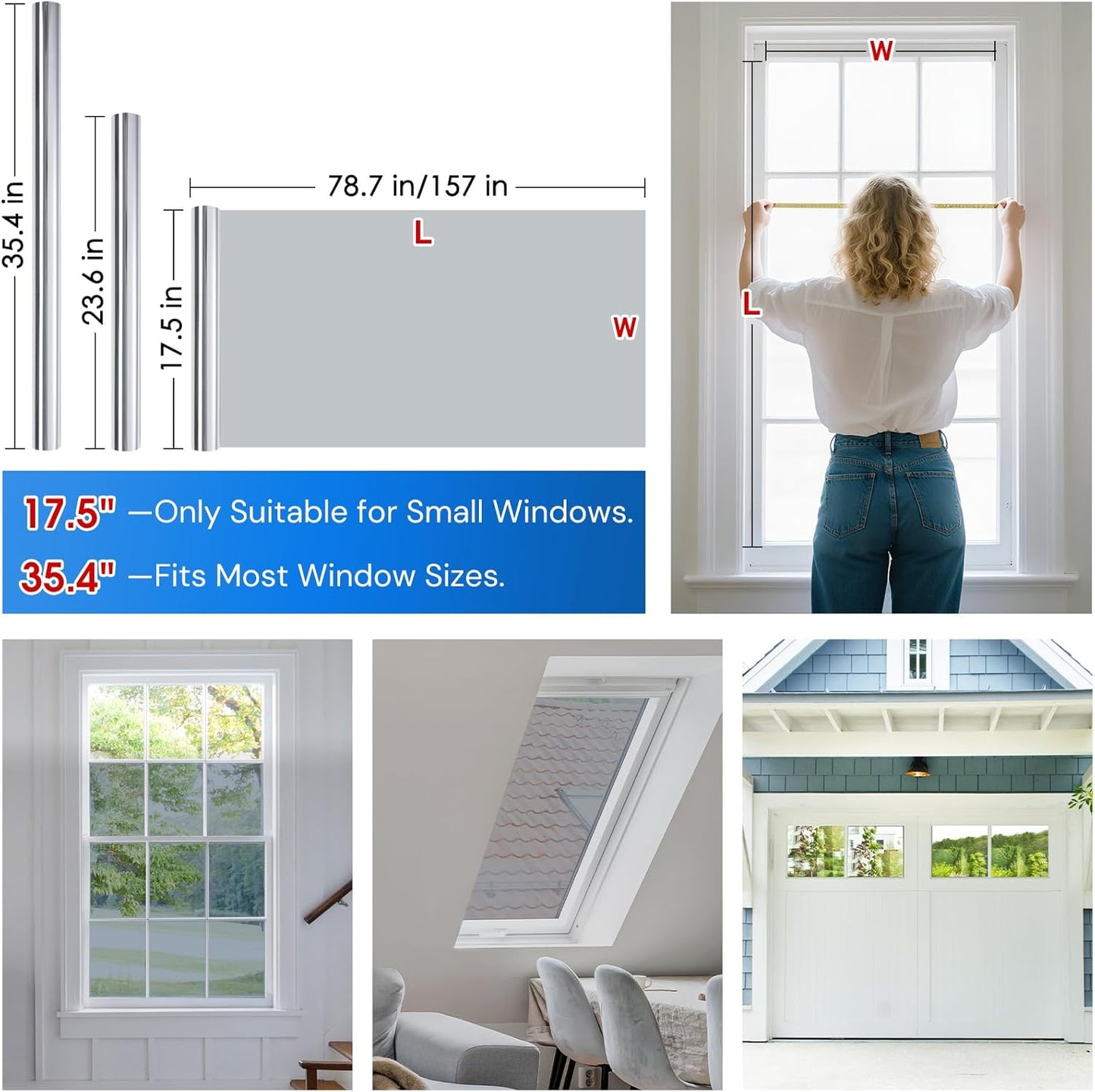 Homein One Way Privacy Window Film with Tool Window Tint for Home See Out Not in Heat Control Sun Blocking Mirror Reflective Anti UV Covering Static Cling No Glue Sliver 35.4 x 157.4 inch