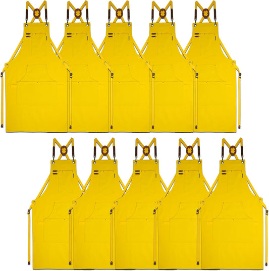 10 Pack Kitchen Aprons, Work Apron, Canvas, Multiple Pockets, Gardening, Painting, BBQ, Artist, Carpenter, Sizes M to XXL, Yellow