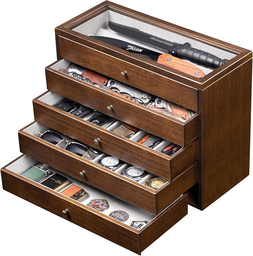5-Tier Large Knife Display Case & Organizer, Wooden Pocket Knife Storage Box by Makelifemorewonderful