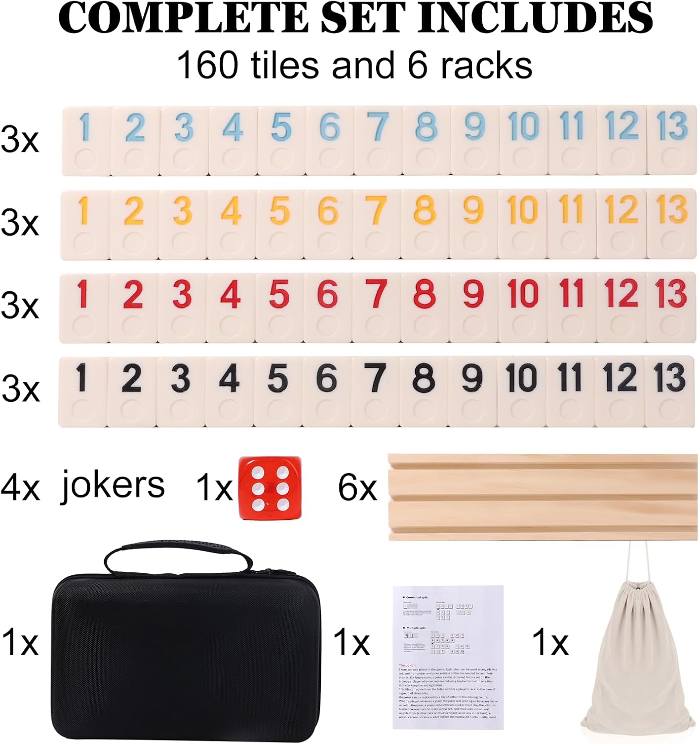 Upgraded 2-6 Players Rummy Cube Board Game Set with 6 Wooden Racks, 160 Tiles, Portable Case, Drawstring Bag and Dice, for Adults Friends Night Gifts Travel Party Sharpens Brain