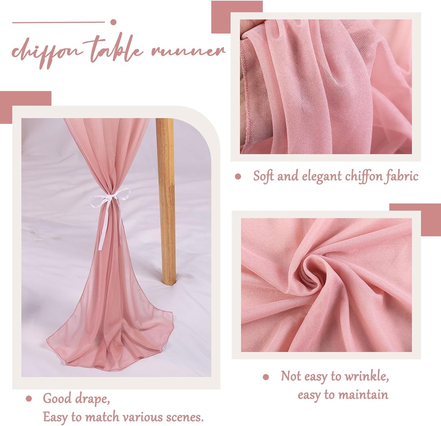 2 Packs 10ft Dusty Rose Chiffon Table Runner 30 x 120 Inches Sheer Romantic Table Runner for Boho Wedding Birthday Party Bridal Baby Shower Decoration