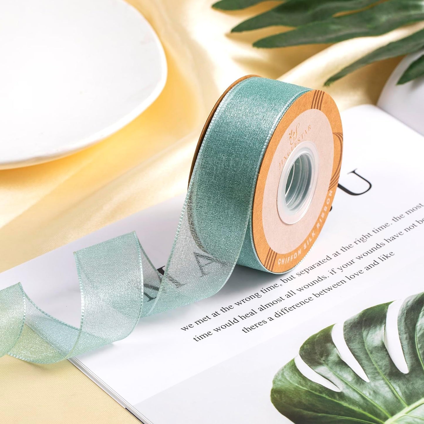 1 Inch Wide Sheer Chiffon Ribbon - Pearl Silk Woven Ribbon Suitable for Gift Wrapping, Wedding Decor, Home Decor, Girl Hair Accessories Handmade DIY (25 Yards/roll) (Light Dark Green)