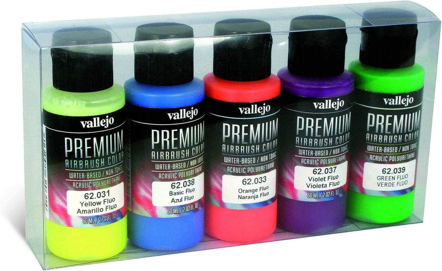Vallejo - Premium Color Set Fluorescent Colors | Water-Based Multi-Surface Pigments | High-Visibility UV Reactive Colors | Acrylic Professional Airbrushing Kit | 5 Bottles x 60 ml. (2.02 fl.oz.)