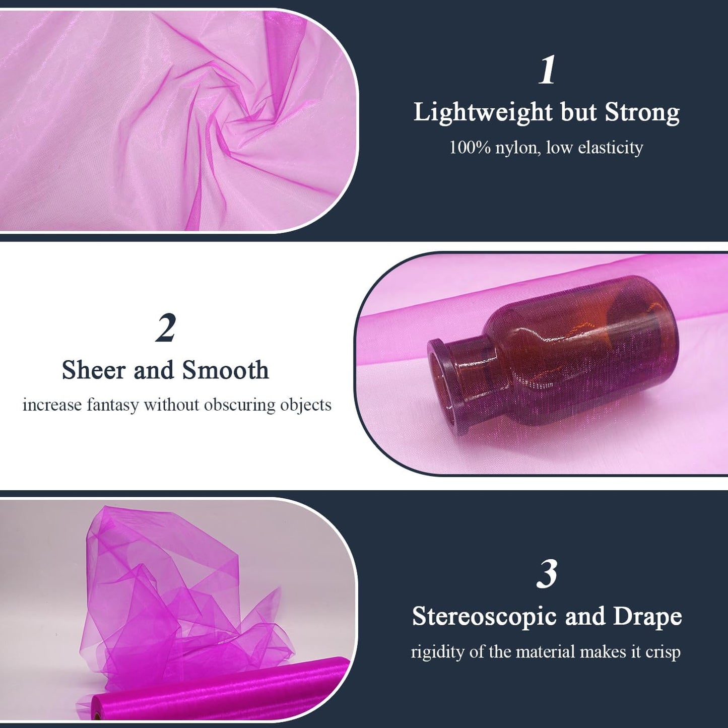 Fuchsia Organza Tulle Fabric Rolls, Crystal Organza 12" by 50 Yards (150 ft) Sheer Nylon Silky Shiny Netting Spool Bolt for DIY Craft Table Runner Wedding Baby Shower Party Decor (Fuchsia)