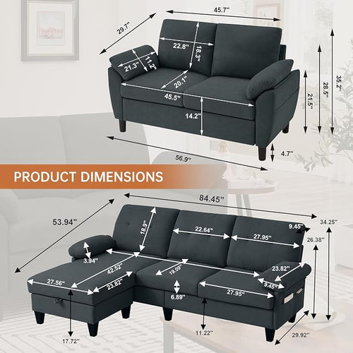 84" Convertible Sectional Sofa Set, 3 Seat L Shaped Couch - Image 2