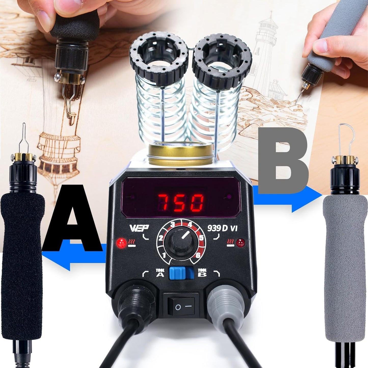 WEP 939D-VI Dual Pen Wood Burning Kit 250-750℃/482-1382℉ A/B Toggle Wood Burning Tool with 2 Detachable Pens, 20 Wood burner Tips, Dual-Barrel Holder. Suitable for Pyrography, Leather Burning Kit