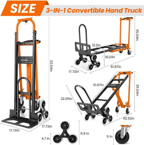 4-in-1 Hand Truck Dolly Heavy Duty Industrial Convertible, 1000 LBS Stair - Image 2