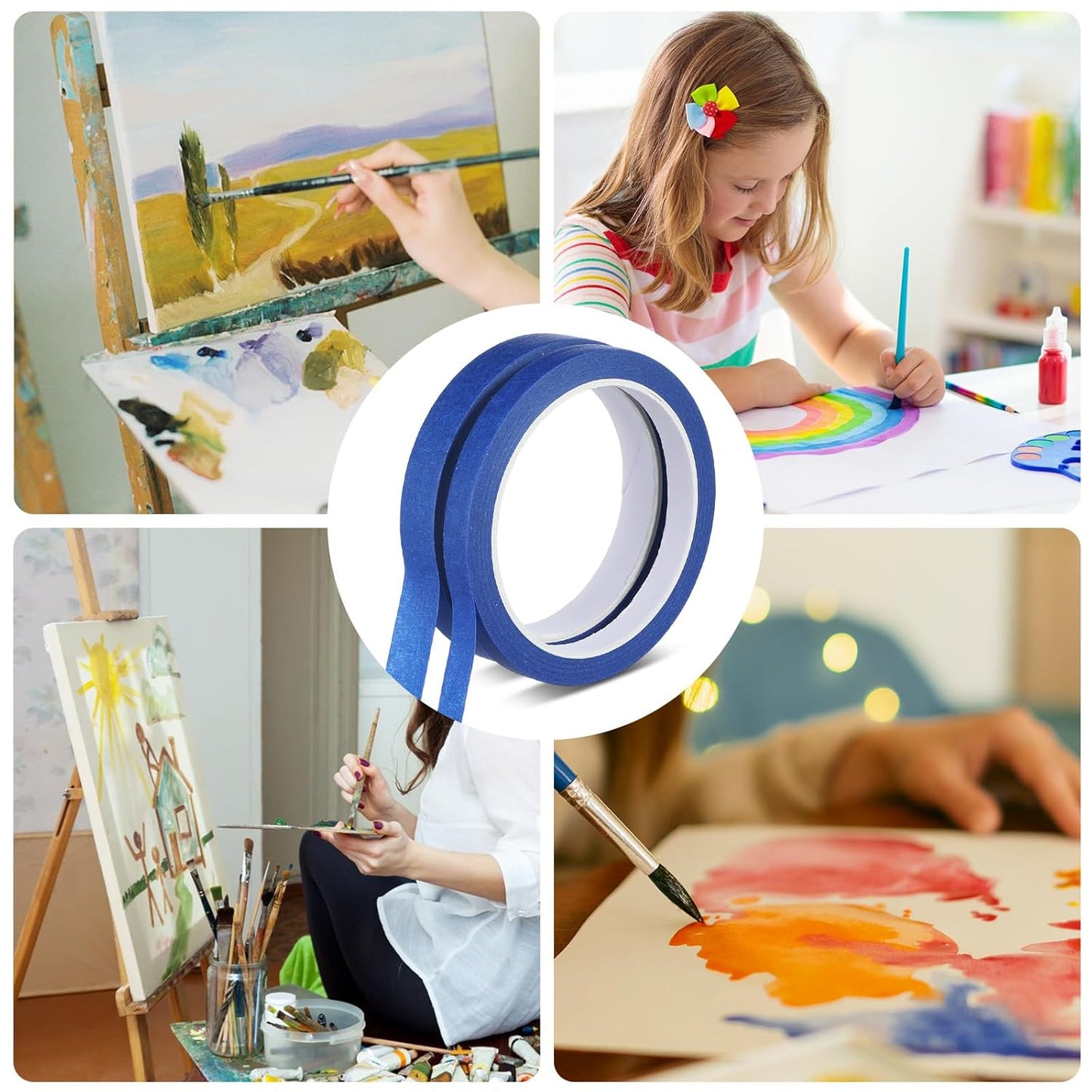 4 Rolls Making Tape, Blue Watercolor Tape for Paper Border, Artist Tapes for Watercolor Paper, Easy to Tear Without Damaging The Papers, Sketching, Oil Painting, 0.39in, 0.59in,