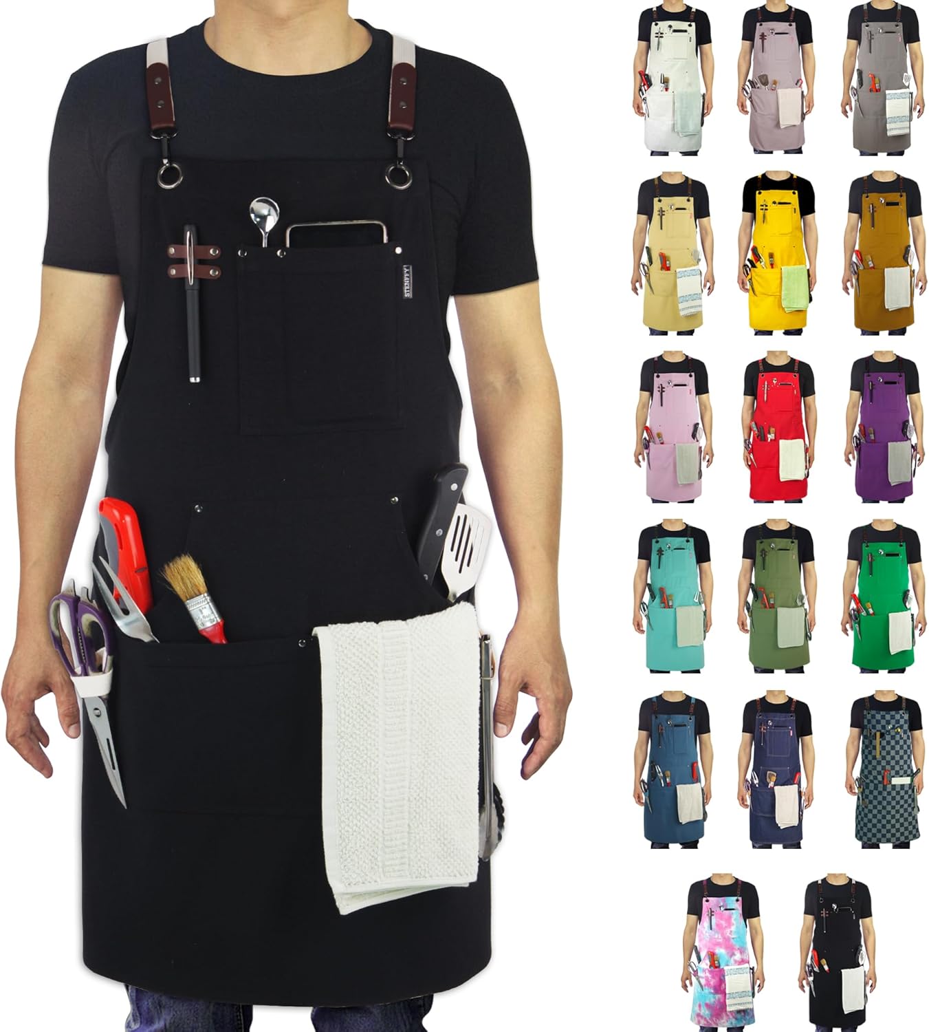 Kitchen Apron, Work Apron, Canvas, Multiple Pockets, Gardening, Painting, BBQ, Artist, Carpenter, Sizes M to XXL, Black