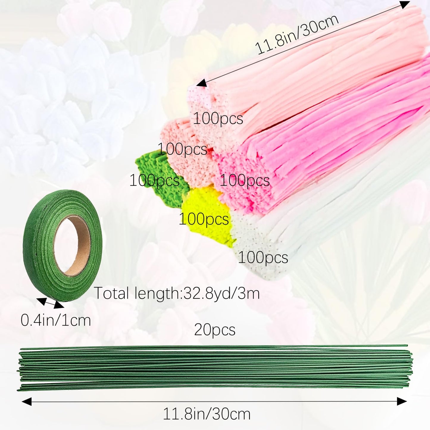 Pipe Cleaners Flowers Craft Kit,621Pcs Pastel Pipe Cleaners DIY Chenille Stems Makiflower stemsng kit with Flower Stems and Tape