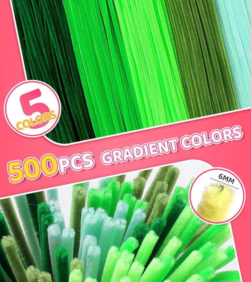 IOOLEEM Green Pipe Cleaners,500pcs in 5 Colors, Chenille Stems for Art and Craft Projects, Flower DIY Decorations