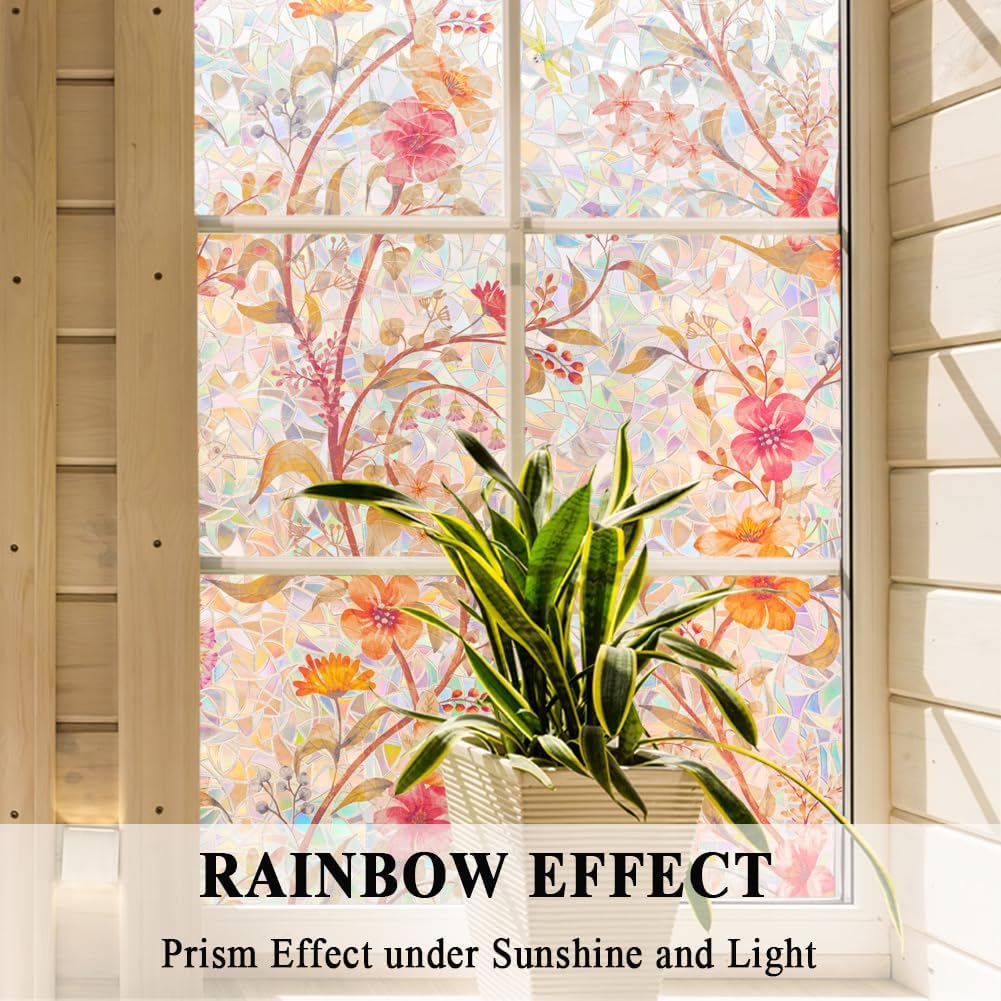 Stained Glass Window Film Static Cling Door Privacy Film Decorative Flowers Red Leaves Window Decals Stickers Heat Control Anti UV for Home and Office,35 inches by 78.7 inches
