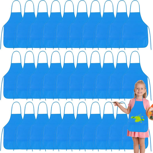 PLULON 30 Pcs Kids Apron Painting Aprons Kids Aprons for Painting Blue Art Smocks Bulk for Art Activity Craft Home Kitchen Classroom Party Supplies