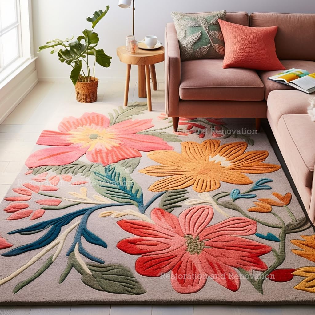 Handmade Wool Floral Area Rug for Living Room | Elegant Flower Garden Design, Soft, Thick and Durable | Bedroom, Dining Room & Home Decor Carpet (3' x 5', Floral A)