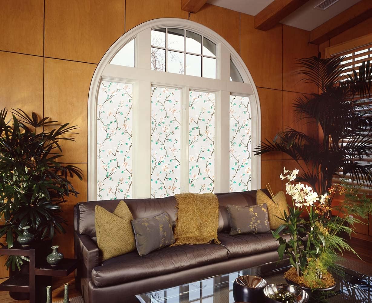 VSUDO Static Cling Decorative Window Privacy Film – Frosted Privacy Window Film with Jasmine Floral & Stained Glass Design, Adhesive-Free Tint for Home, Bathroom & Office (23.6" x 78.7")