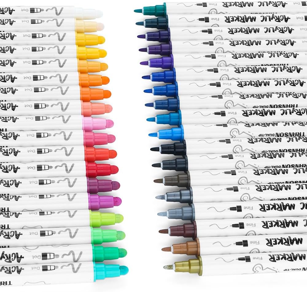 TRANSON 36 Color Bold and Fine Dual-tip Acrylic Paint Pen Set for Canvas Rock Wood Leather Ceramic DIY Painting
