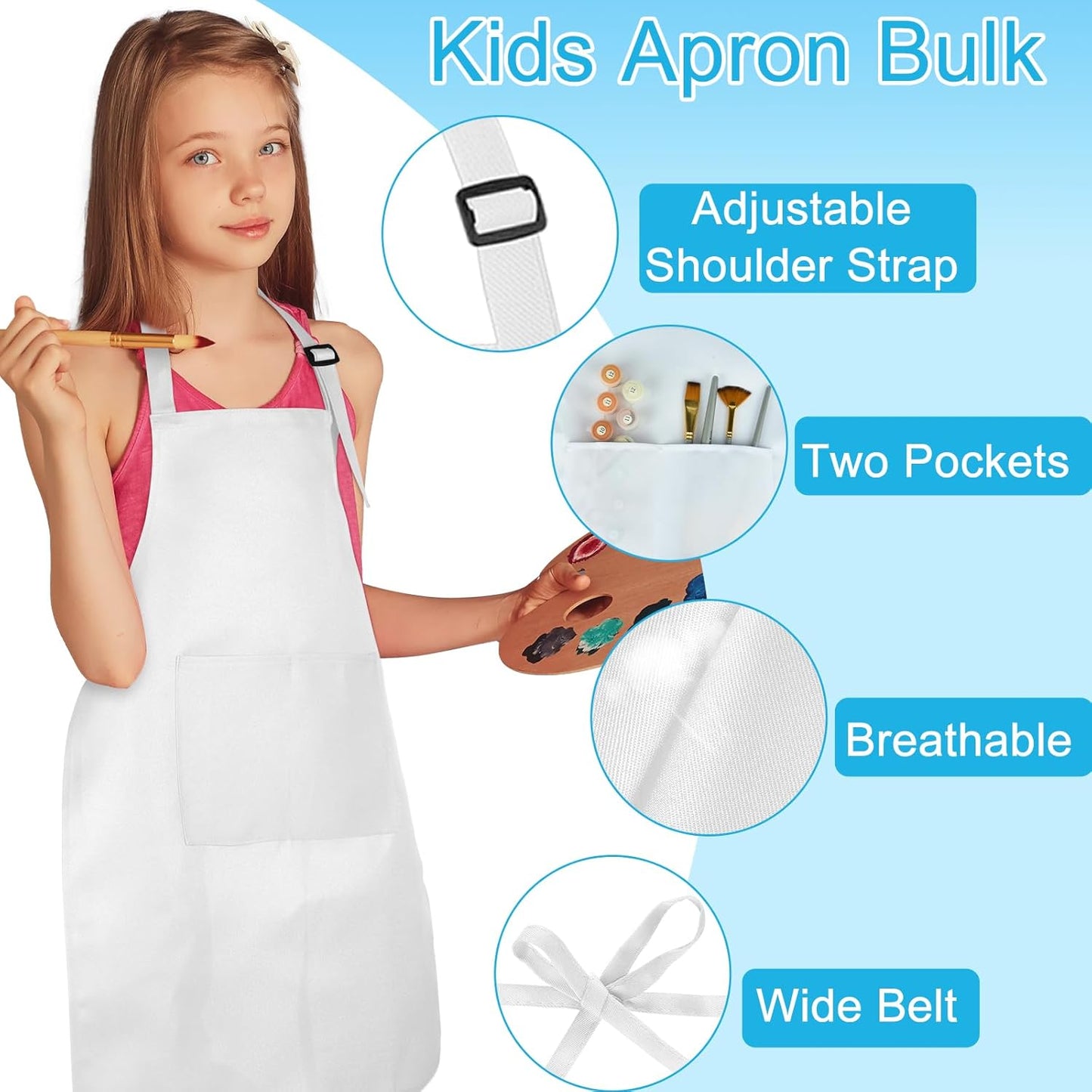 36 Pack Kids Apron bulk with 2 Pockets Adjustable Chef Art Apron Kids Painting Aprons for Cooking Baking Painting Crafting Grilling Activity（White）