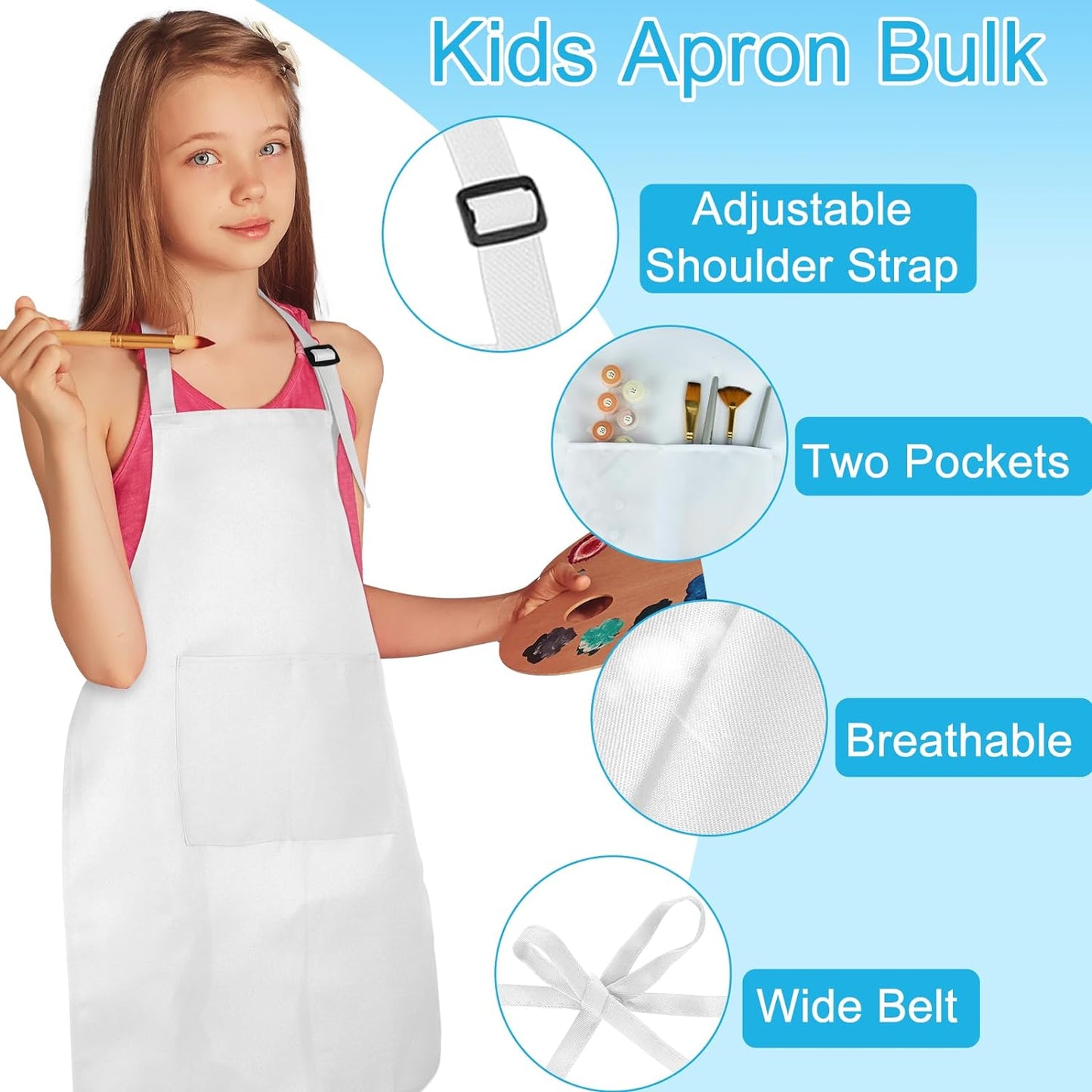 6 Pack Kids Apron bulk with 2 Pockets Adjustable Chef Art Apron Kids Painting Aprons for Cooking Baking Painting Crafting Grilling Activity（White）