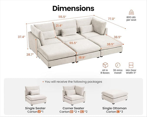 115" Oversized Chenille Couch Modular Sectional Sofa, Washable Cloud Couch - Image 2