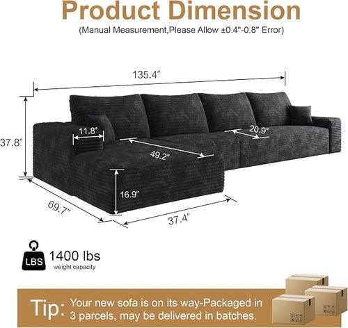 136" Sectional Couches for Living Room Cloud Couch Sofa - Image 2