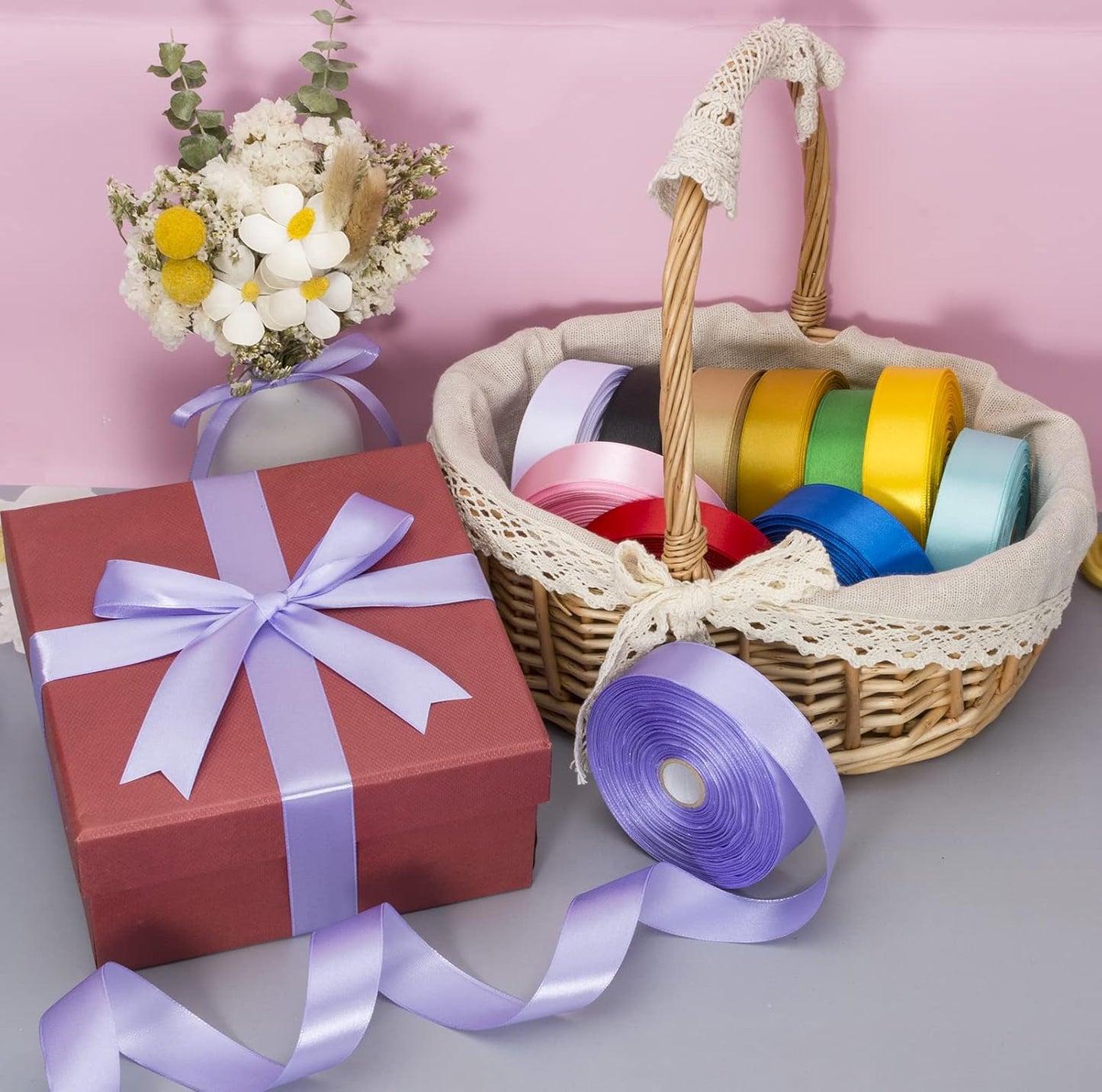 1 Inch Violet Solid Satin Ribbon, 50 Yards Craft Fabric Ribbon for Gift Wrapping Floral Bouquets Wedding Party Decoration