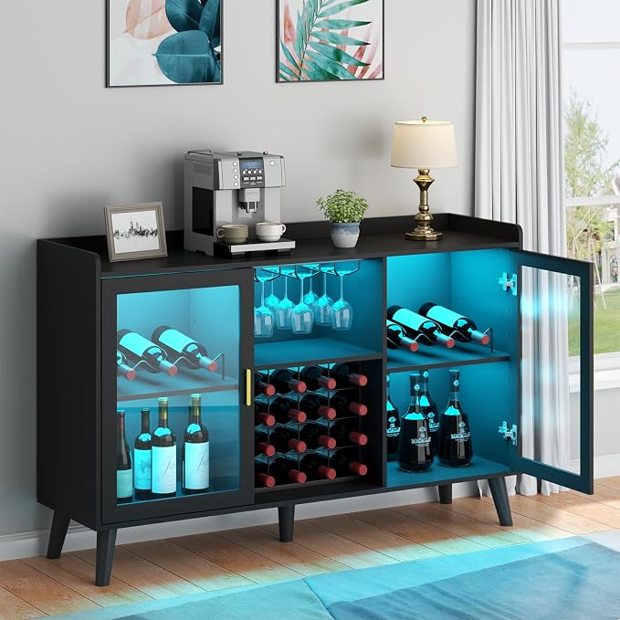Auromie Wine Bar Cabinet with Led Light, Home Coffee Cabinet with Wine and - Image 9