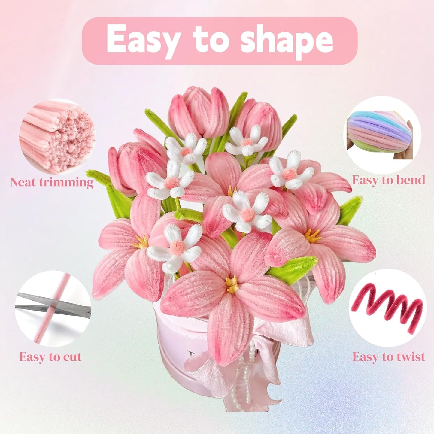 400 Pcs Pipe Cleaners Craft Set, 4 Assorted Pink Pipe Cleaners Bulk, Chenille Stems for DIY Flower Making Kit with Floral Stems, Gardening Tape, Stamen, Ribbon for DIY Bouquet Gift (Pink)