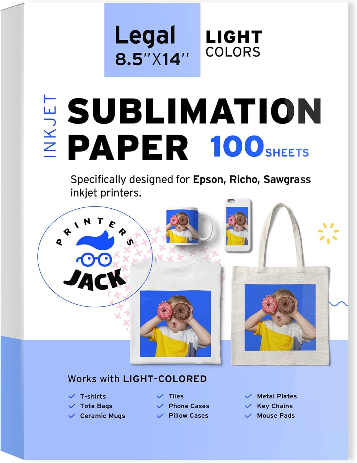 Printers Jack Sublimation Paper 8.5x14 inches, 100 Sheets 120gsm for Any Epson Sawgrass Inkjet Printer with Sublimation Ink, Heat Transfer Sublimation Paper for T-shirt, Mugs, Light Fabric