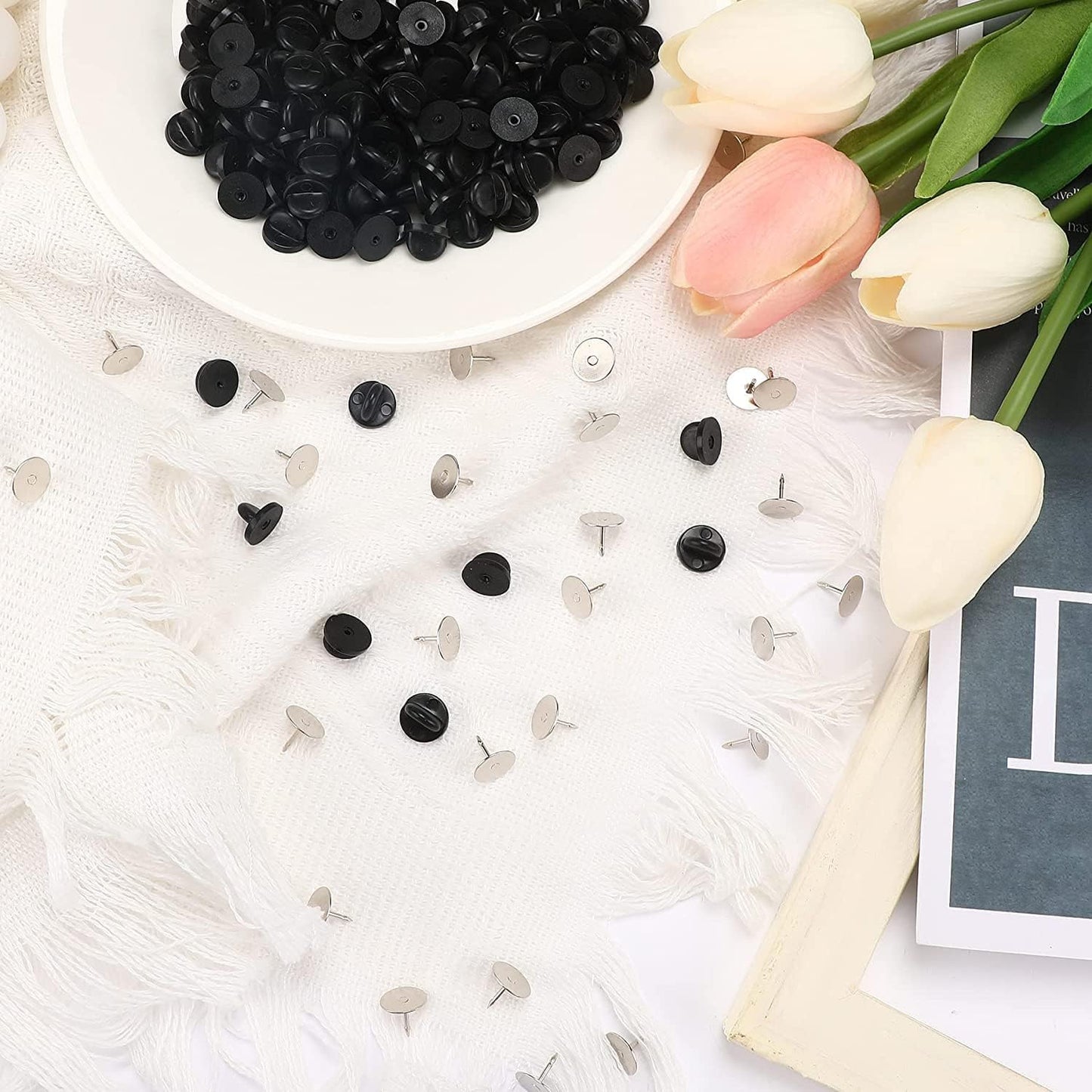 JANYUN 40 Pairs Rubber Blank Pin Backs Butterfly Clutch Backings Holder Tie Tacks Keepers Replacement with 9mm Length 10mm Width Lapel Enamel Pins for Craft Making