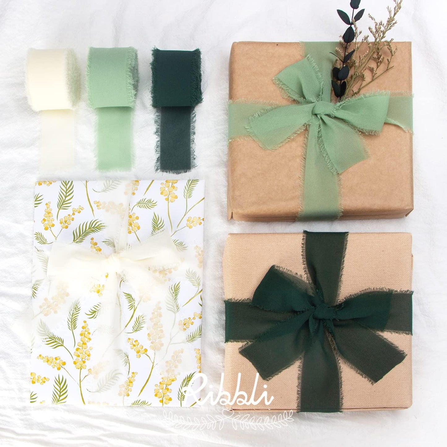 Ribbli Sage Green Chiffon Ribbon - 1-1/2 inch x 20 Yard, Handmade Fringe Chiffon Ribbon for Gift Wrapping, Wedding Invitations, Bridal Bouquets, Flower Arrangement Decoration