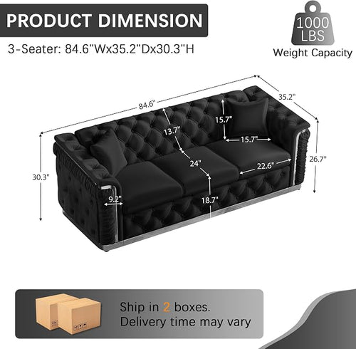 84.6" Luxury Chesterfield Sofa Velvet Tufted Sofa Black and Silver Couch - Image 2