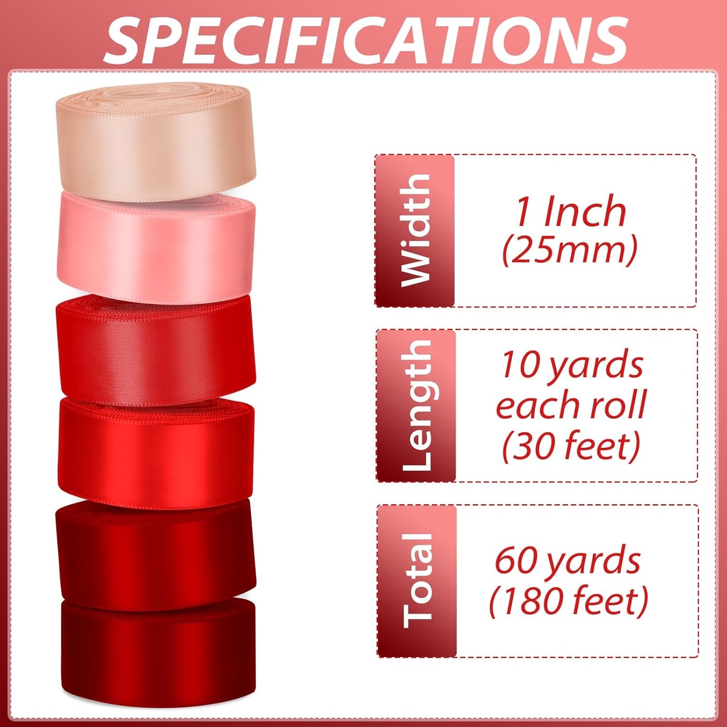 1 Inch Red Satin Ribbons for Crafts, 6 Rolls Single-Faced Red Assorted Ribbons for Gift Wrapping Flower Bouquet Wedding Invitations Bridal Shower Hair Bows Garland Party Decor