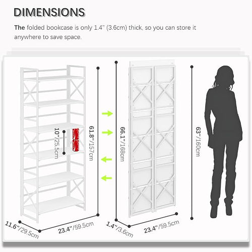 4NM 6 Tiers No Assembly Book Shelves, 61.8" H Folding Bookshelf Bookcase Open - Image 2