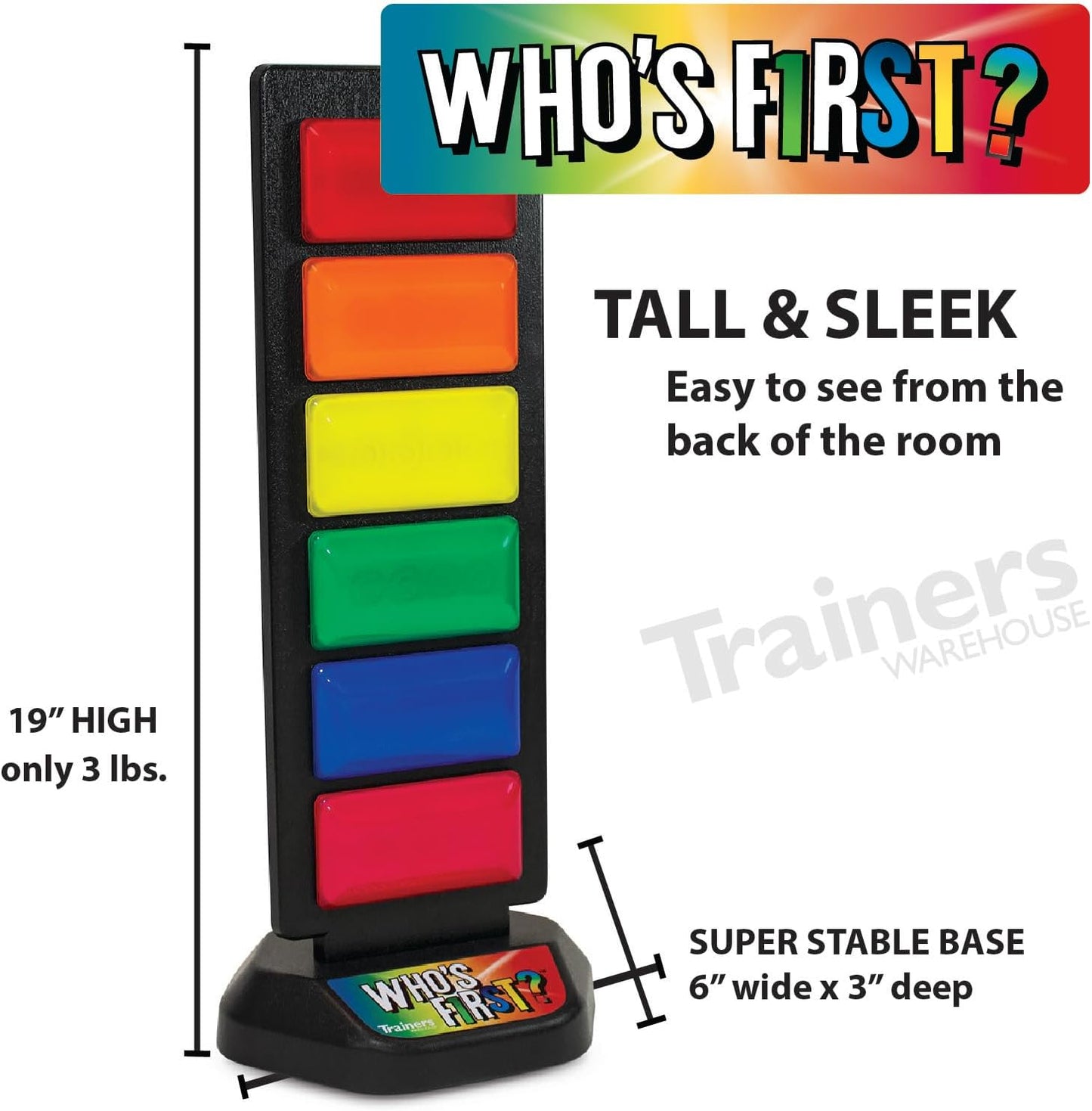 Trainers Warehouse Who's First? v3 Wireless Game 6 Buzzer System | Foster Gameshow Excitement in The Classroom - Includes Light Tower & USB Port & Randomizer | Make Trivia and quizzes Fun!