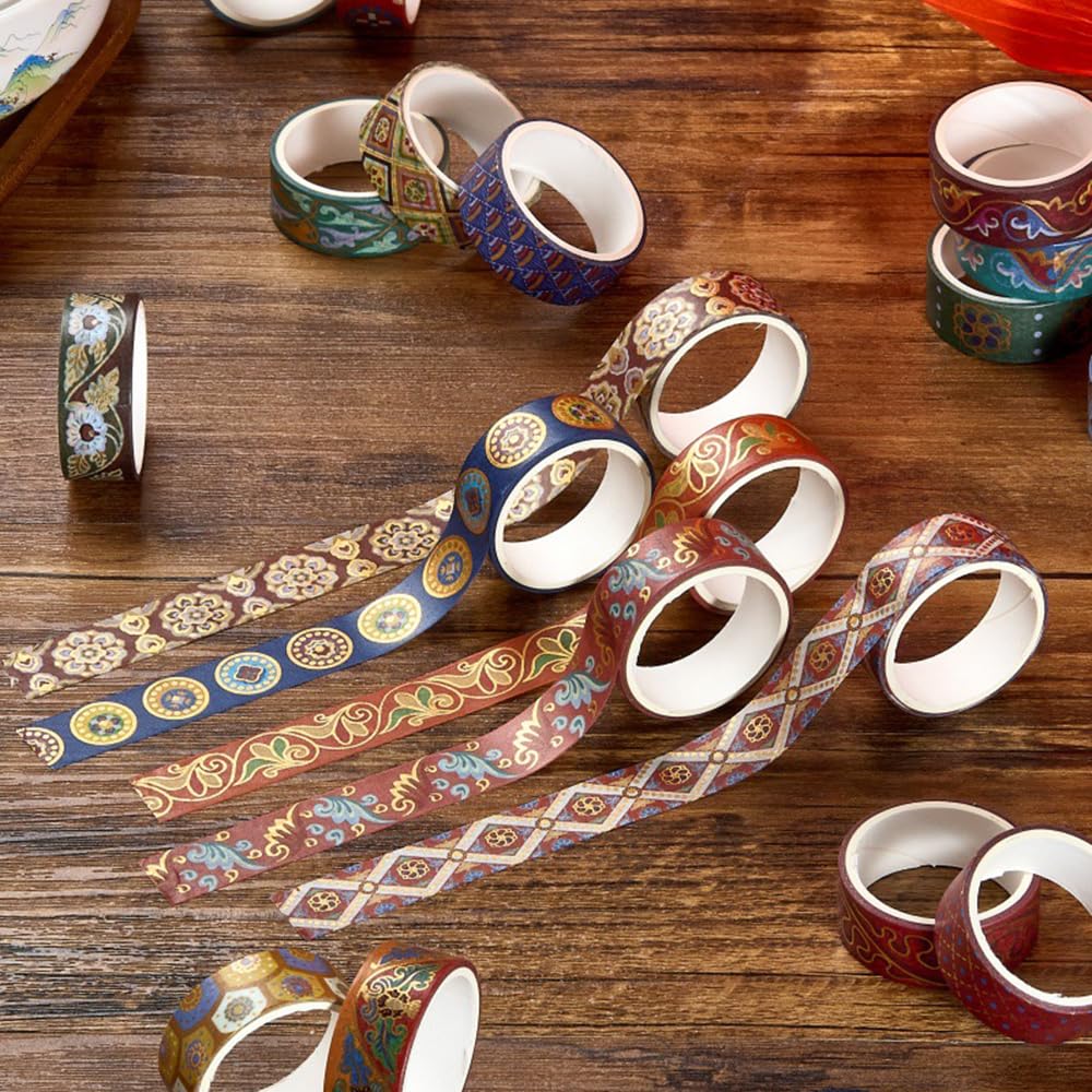 Washi Tape Set 10 Rolls, Chinoiserie Gold Foil Decorative Paper Sticker for Planner Scrapbook Journal DIY Arts Craft (Ancient Red)