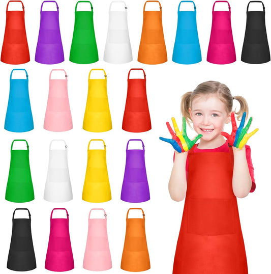 PLULON 10 Pcs Kids Apron Set Adjustable Children Art Aprons with 2 Pockets Artist Apron Bulk for Baking Painting Cooking Activity - 10 Colors