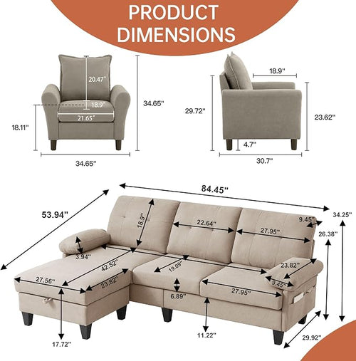2PCS Sectional Sofa Set with Ottoman, Modern Linen 4 Seater Couch Set with Side - Image 2