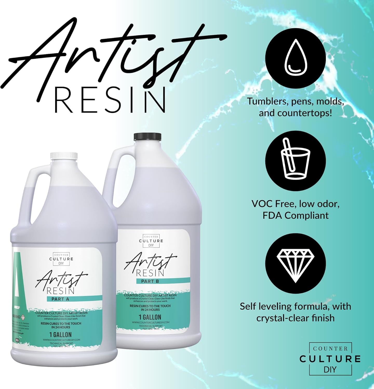 Counter Culture DIY Clear Artist Resin, 8 oz Kit, Art Epoxy Supplies for Metallic Stains Acrylic 100% Solids Easy Coat No VOCs Scratch UV Heat Resistant 500 Degrees…