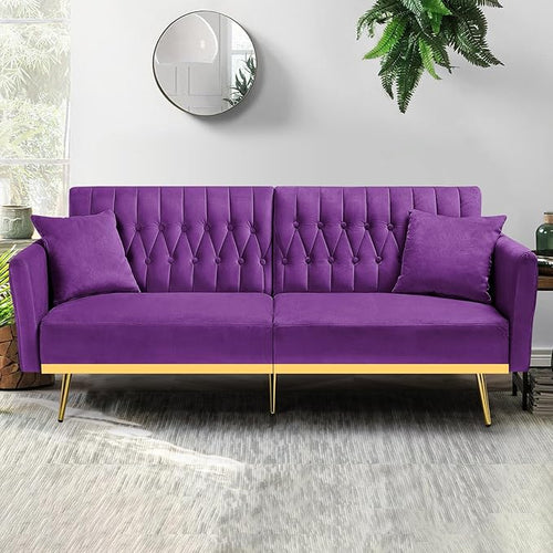 70” Velvet Futon Sofa Bed with 2 Pillows and Adjustable Armrests, Convertible - Image 2