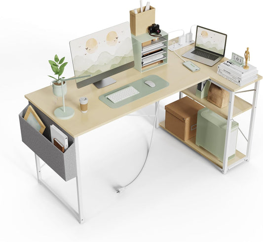 TIQLAB L-Shaped Computer Desk with Power Outlets - Reversible Shelves, 47 Inch Gaming & Study Desk in Beige