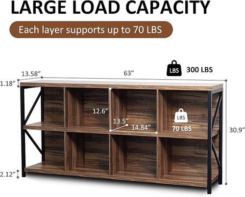 8 Cube Storage Organizer Bookshelf, Industrial Horizontal Bookcase, Accent - Image 2