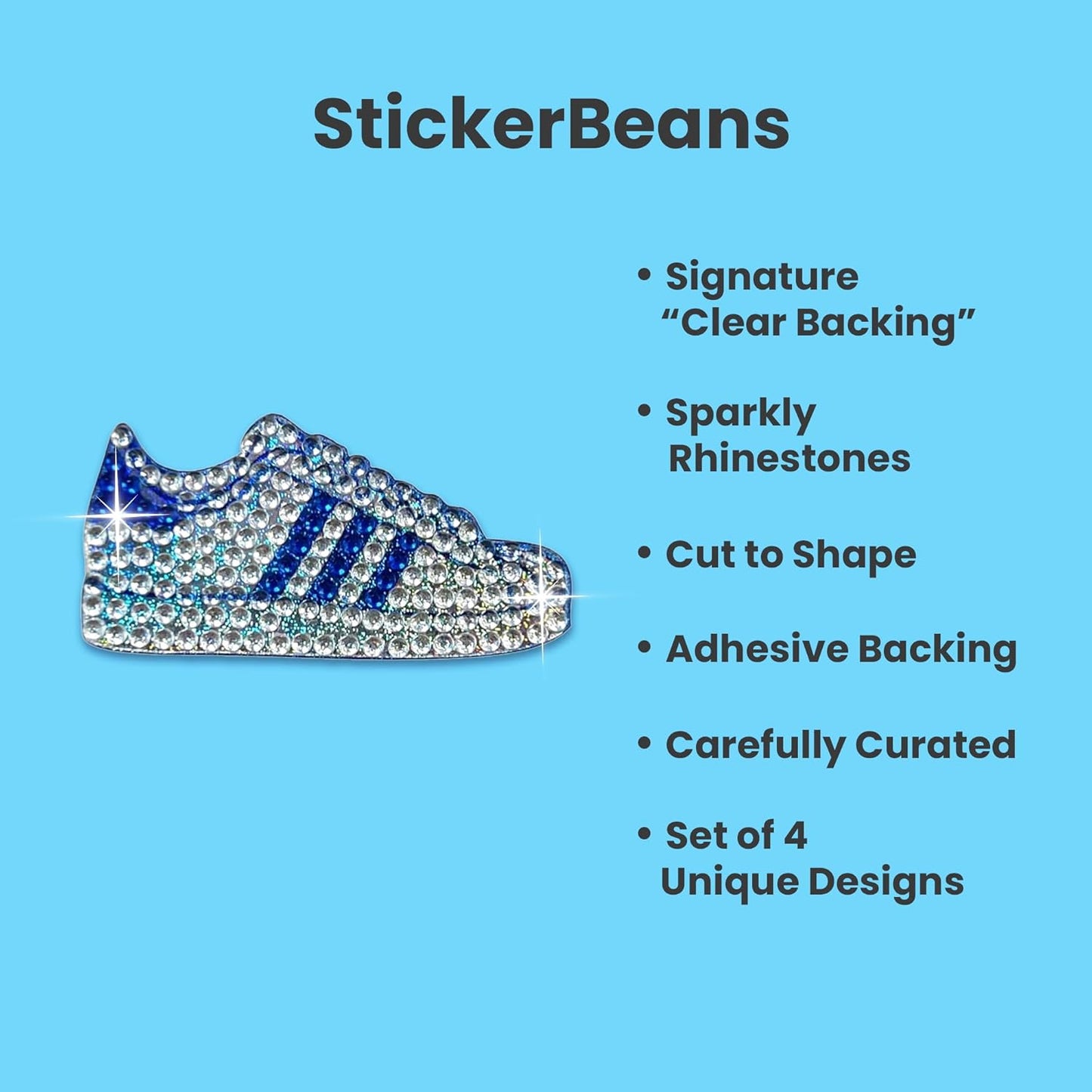 StickerBeans® Rhinestone Stickers - Blue Spirit 4-Pack, 2” x 2” Each, Unique Sparkly Cut-to-Shape for Collecting, Trading, Decorating Laptops, Phone Cases, Scrapbooks, for Kids, Teens, & Adults
