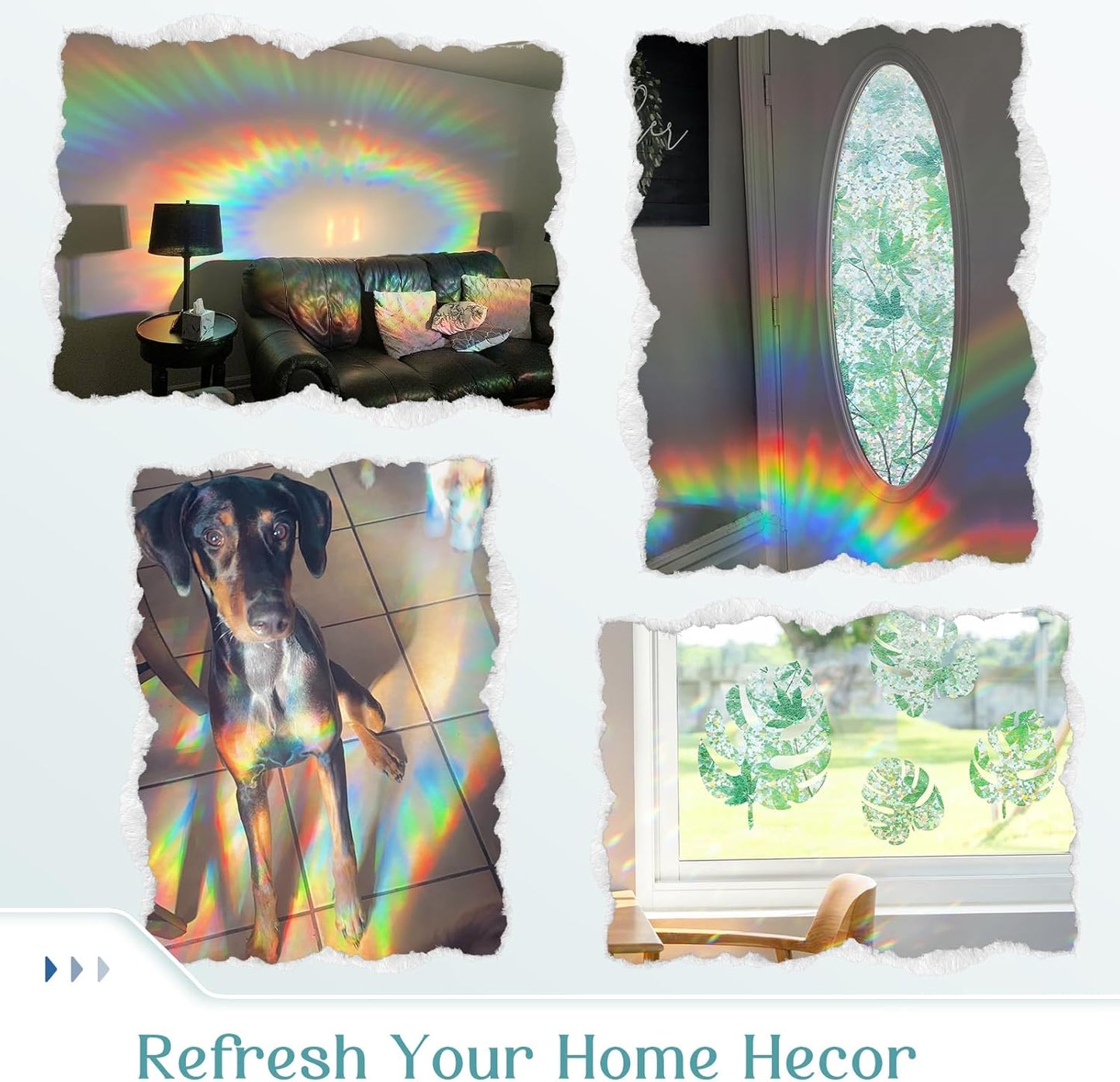Haton Window Privacy Film, Decorative Stained Glass Window Clings, 3D UV Sun Blocking Sticker, Removable Static Cling Heat Control Tint for Home Door, Leaf Rainbow, 23.6" x 78.7" Non-Adhesive