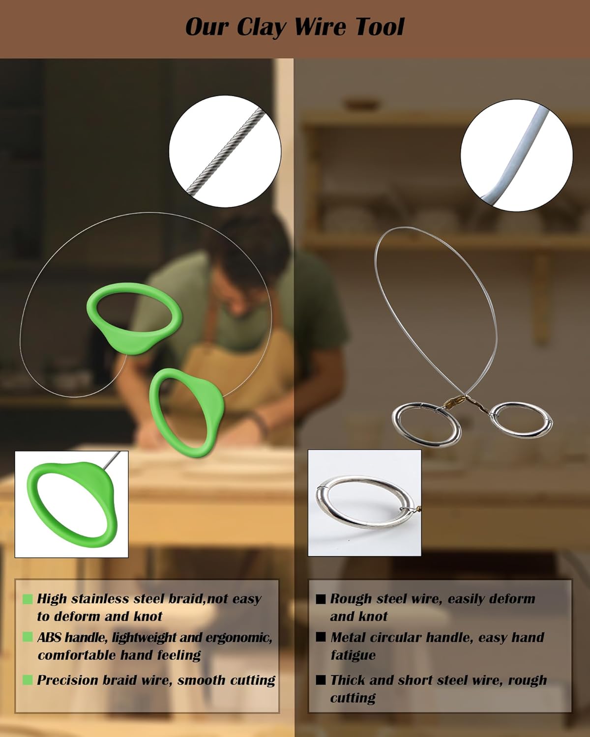 Pottery Wire Tool, Clay Cutting Wire, Green Handle Standard Pottery Wire Cutter, Cut Off Tool for Pottery and Clay Artists
