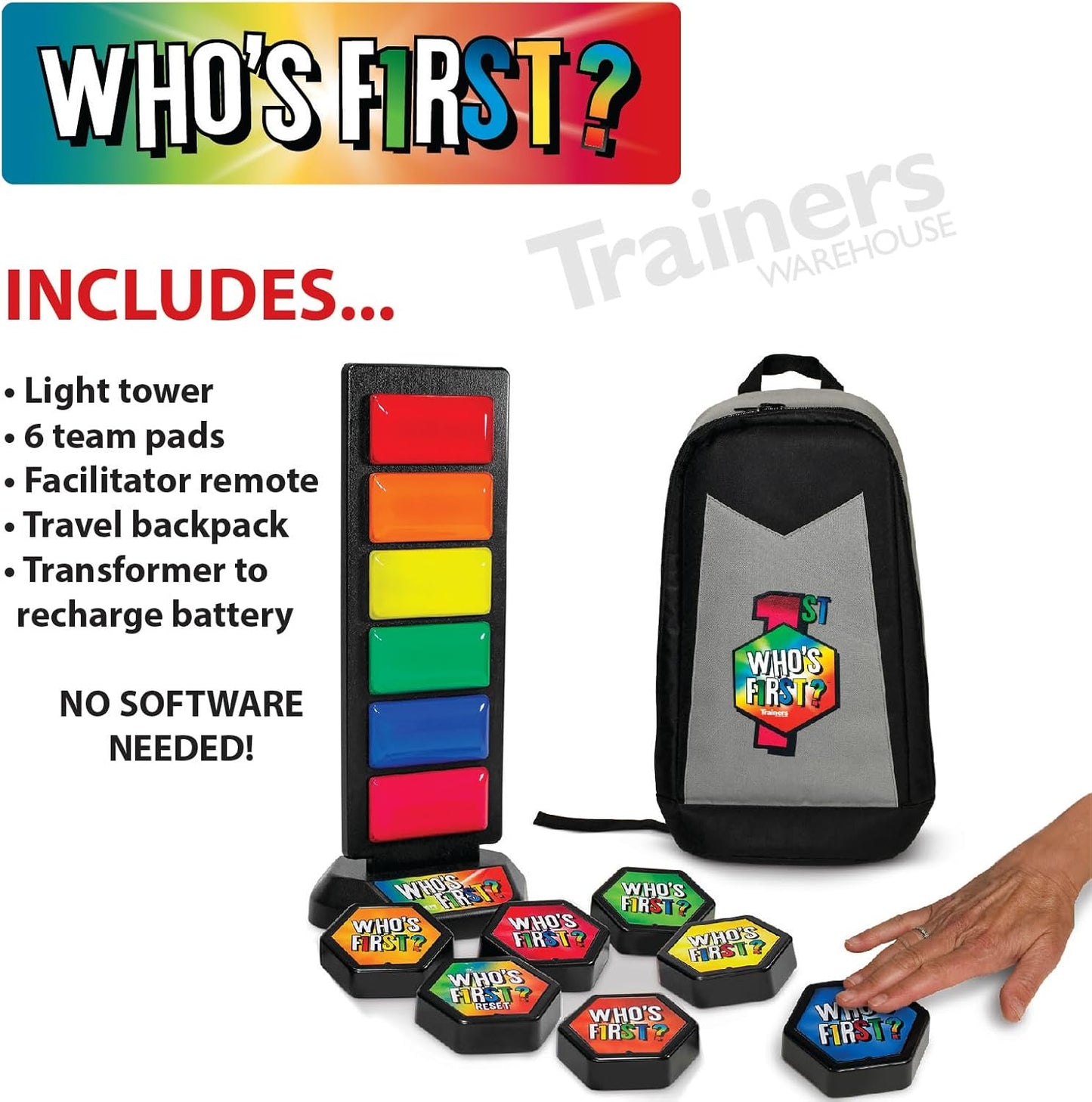 Trainers Warehouse Who's First? v3 Wireless Game 6 Buzzer System | Foster Gameshow Excitement in The Classroom - Includes Light Tower & USB Port & Randomizer | Make Trivia and quizzes Fun!
