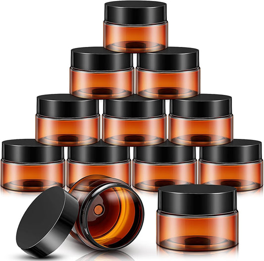 SATINIOR 24 Pieces Empty Clear Plastic Jars with Lids Round Storage Containers Wide Mouth for Beauty Product Cosmetic Cream Lotion Liquid Butter Craft and Food(Amber Lid,4 oz)