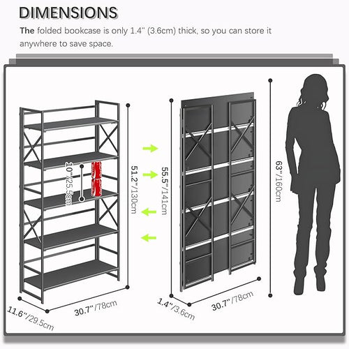 4NM Extra Wide 5 Tiers No Assembly Book Shelves, 51.2" H Folding Bookshelf - Image 2